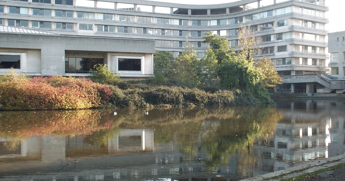 Borough Hall, Cauldwell Street, Bedford, the headquarters of Bedford Borough Council, seen across the adjacent lake.