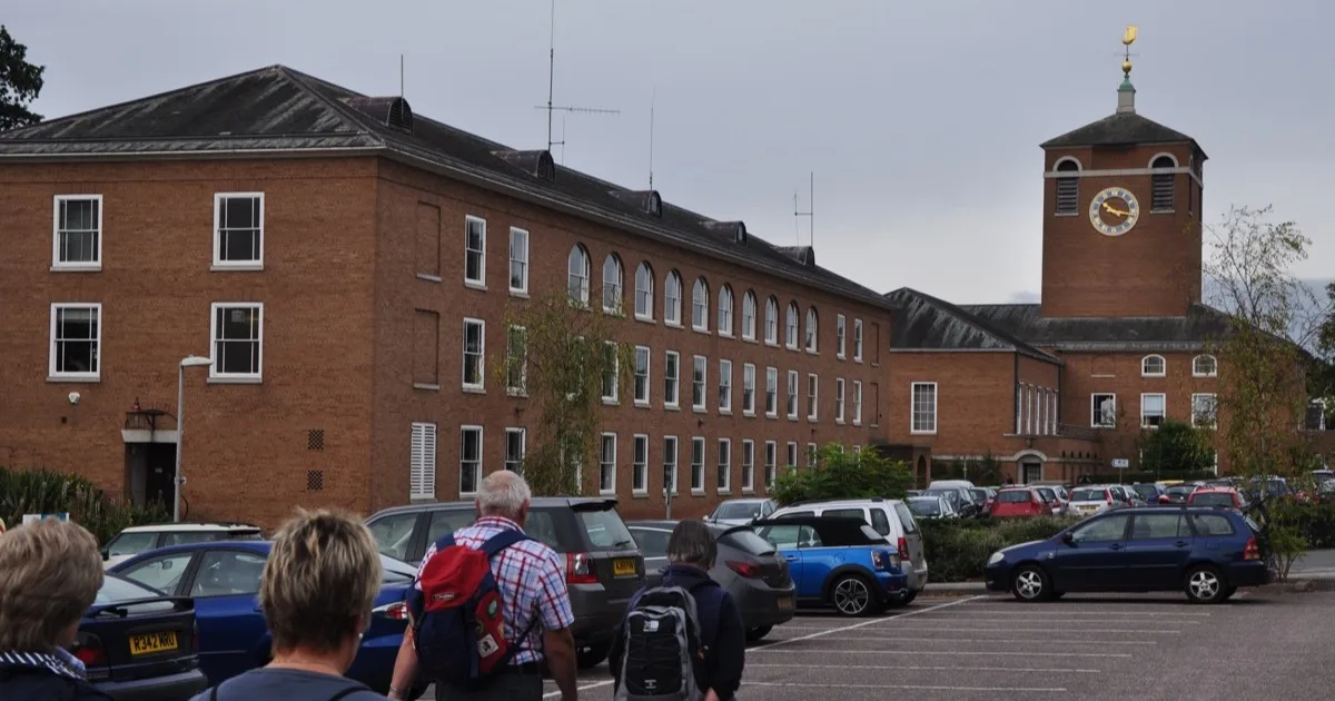 County Hall, Exeter, headquarters of Devon County Council, seen across its car park.