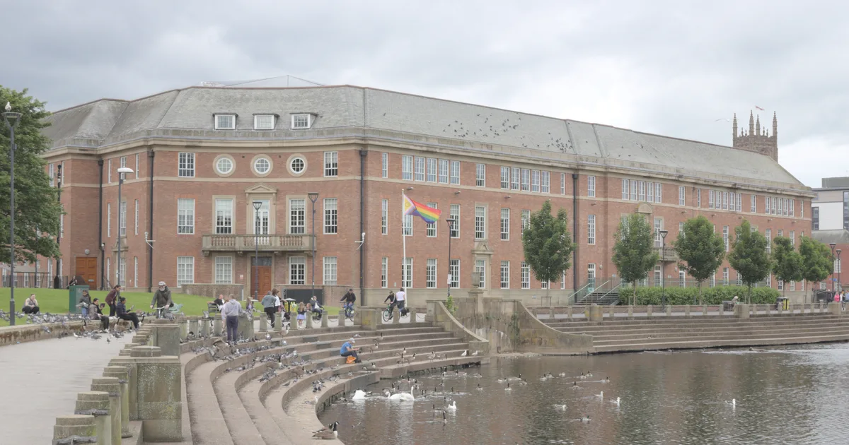 The Council House, Derby City Council's civic headquarters on Corporation Street, seen beside the River Derwent.