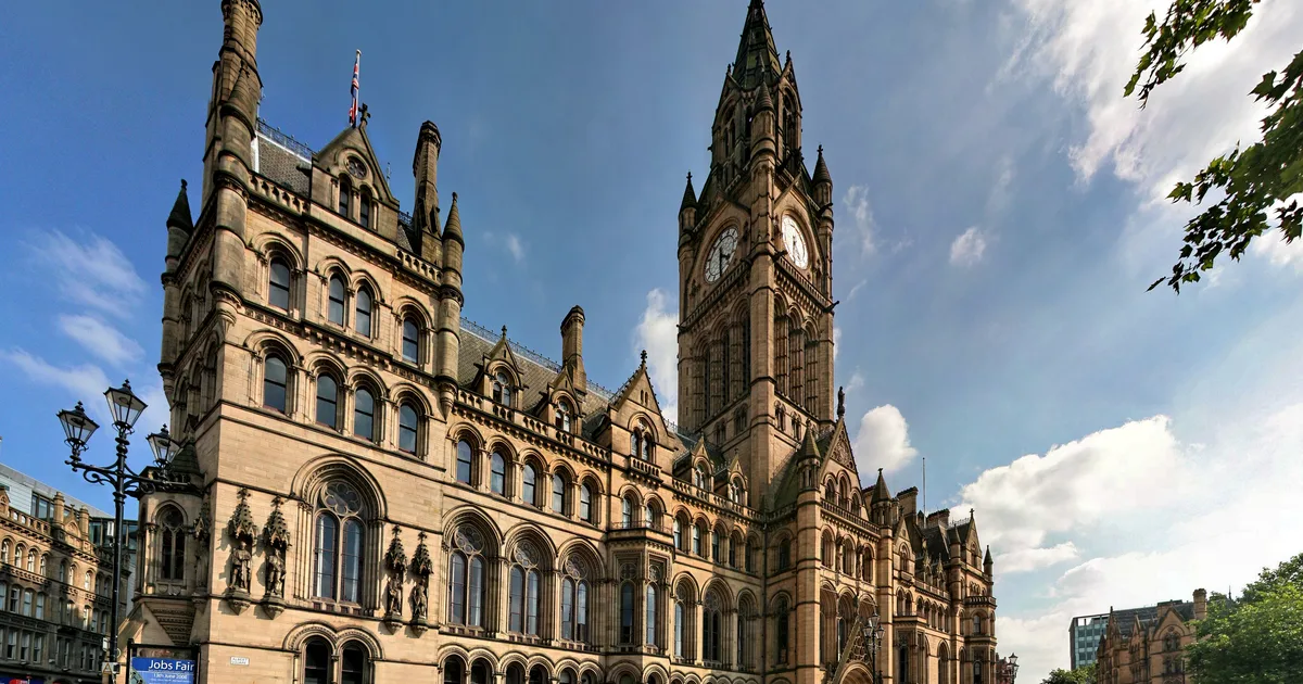 Manchester Town Hall, the Gothic Revival seat of Manchester City Council, seen from Albert Square.